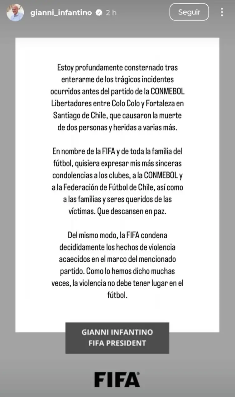 Reprodução Instagram / Gianni Infantino nota de pesar, Gianni INfantino, Fifa, Colo-Colo, torcedores, mortes