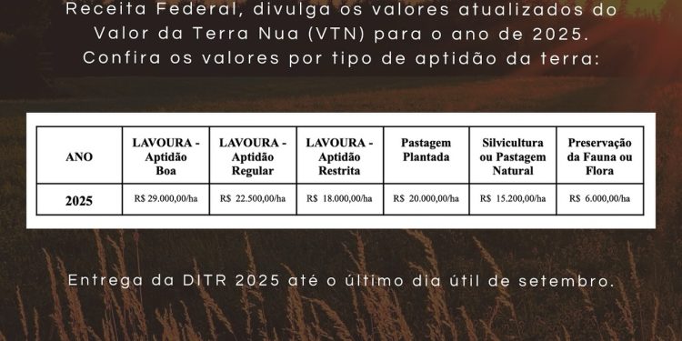Sananduva divulga valores do VTN para declaração do ITR 2025