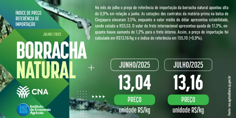 Preço da borracha natural importada sobe 0,9% em julho, aponta CNA e IEA