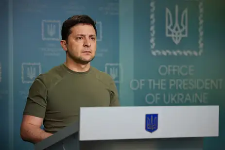 Ukrainian President Volodymyr Zelensky delivers a speech to the nation at the presidential palace.