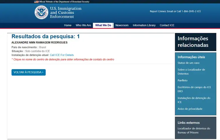 Print/U.S Immigration 13/04/2026 - U.S. Immigration ad Customs Enforcement. Alexandre Ramagem Rodrigues. Foto: Print/U.S Immigration