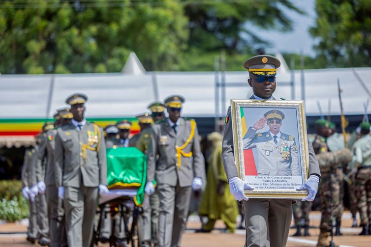 A framed portrait and the coffin of Malian Defence Minister Sadio Camara, who was killed in a militant attack, are displayed on the day of his state funeral, in Bamako, Mali, April 30, 2026.   Mali Presidency via Facebook /Handout via REUTERS    THIS IMAGE HAS BEEN SUPPLIED BY A THIRD PARTY. NO RESALES. NO ARCHIVES. MANDATORY CREDIT. VERIFICTION: Reuters was not able to verify the location where the pictures were taken, however, Mali Presidency said in a statement that the ceremony took place on the parade ground of the 34th Military Engineering Regiment in Bamako. The date was confirmed by corroborating media and government reports. No old reports were found posted online before April 30.