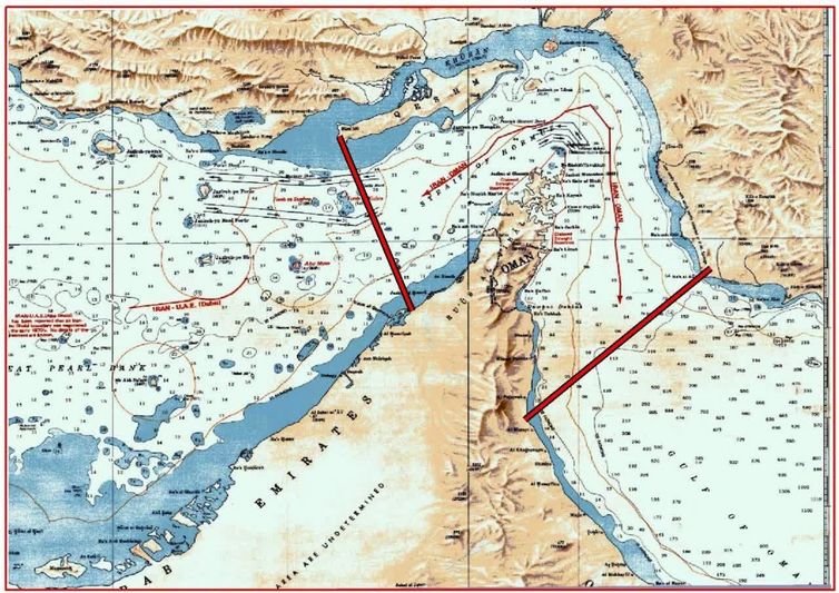 Tasnim News Agency/Divulgação O novo Estreito de Ormuz controlado pelas Forças Armadas da República Islâmica do Irã. Ao sul, uma linha entre o Monte Mubarak, no Irã, e o sul de Fujairah, nos Emirados Árabes Unidos. A oeste, uma linha entre a ponta da Ilha de Qeshm, no Irã, e Umm Al Quwain, nos Emirados Árabes Unidos. Foto: Tasnim News Agency/Divulgação