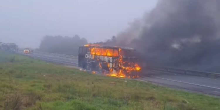 Ônibus do Grupo Chamamento é destruído por incêndio na BR-376