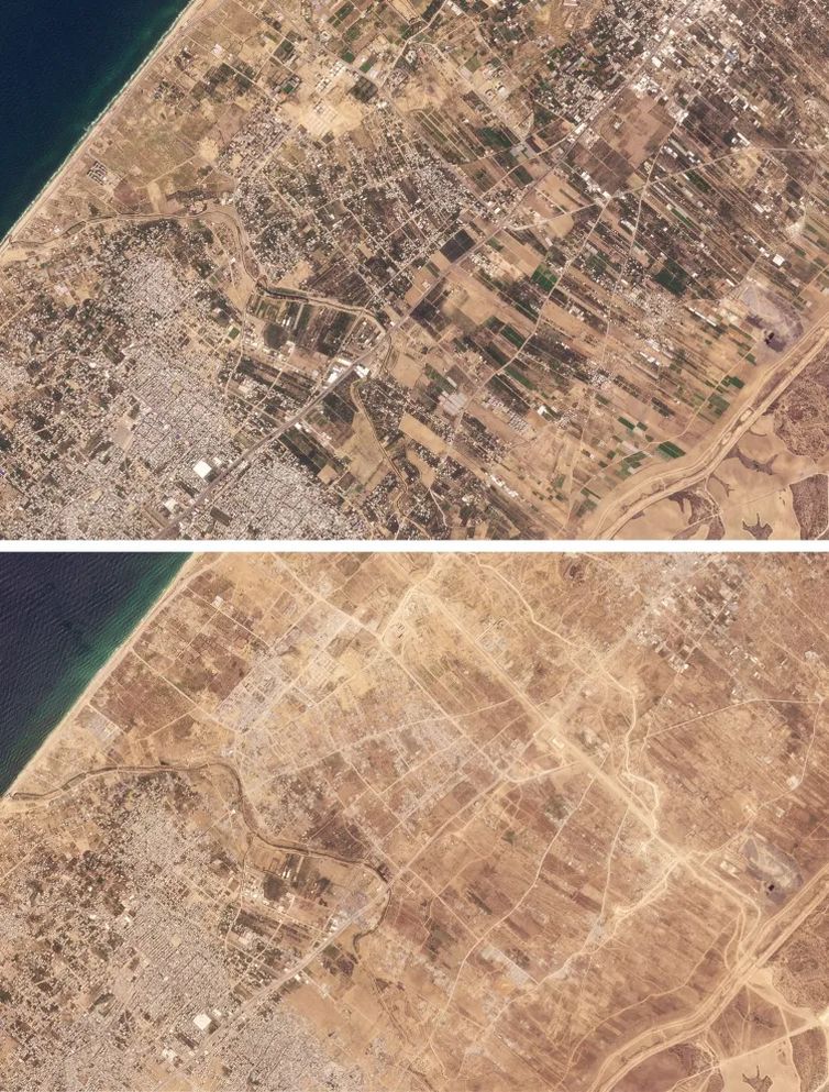 Reuters/Planet Labs/Arquivo/Proibida reprodução Comparação de datas em local durante guerra na Faixa de Gaza. Foto: Reuters/Planet Labs/Arquivo/Proibida reprodução